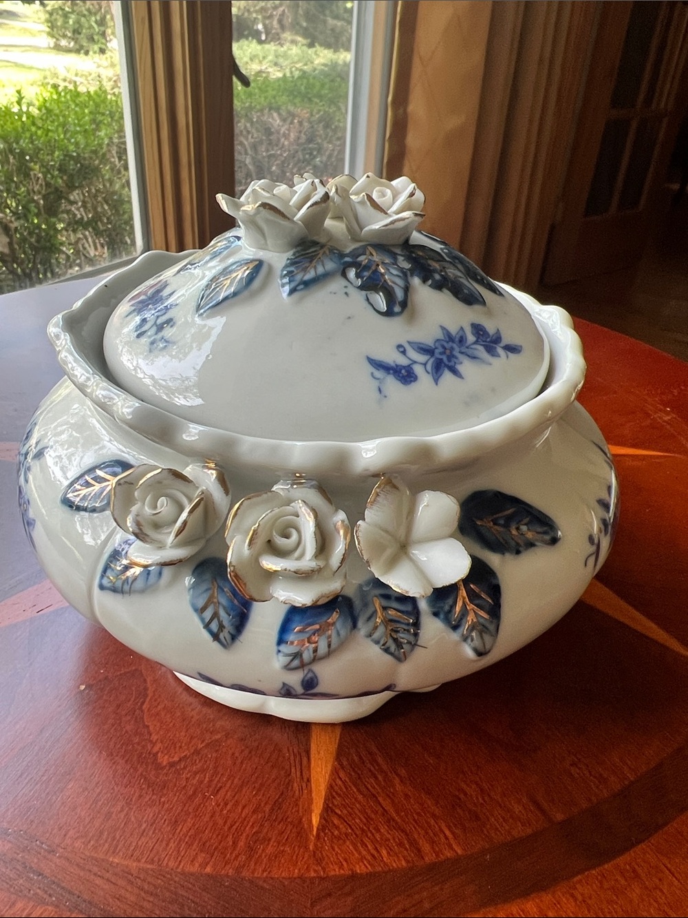 Vintage Blue & Gold Floral Porcelain Covered Jar
